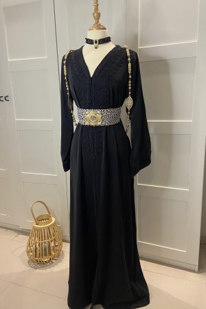 Caftan Noir avec ceinture léopard