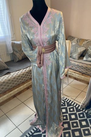 Caftan kamkha gris bleuté et sfifa rose XL