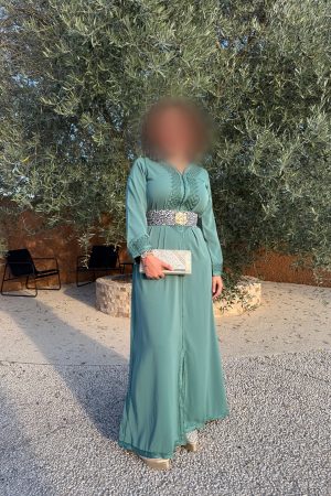 Caftan ceinture et manches léopard Vert