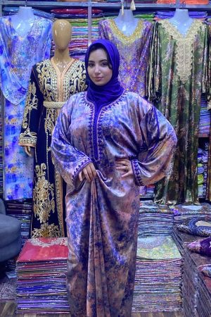 Caftan velour Rose et bleu